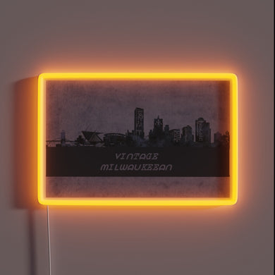 Retro style Milwaukee cityscape in vibrant colorful glowing neon lights