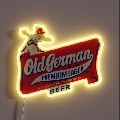 Old German Premium Lager neon sign with dancing mascot and retro logo.