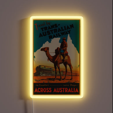 Retro travel advertisement style Australia map with bright neon accents
