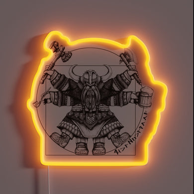 Vibrant LED art featuring Da Vinci's Vitruvian Man as dwarf icon