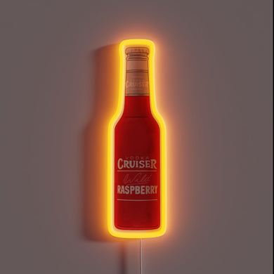 Vodka Cruiser raspberry neon sign shaped like a bottle.