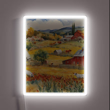 Charger l&#39;image dans la galerie, Whimsical watercolor countryside farmhouse landscape art print with neon accents.