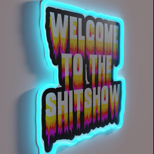 Vibrant trippy neon sign adds quirky humor and playful energy.