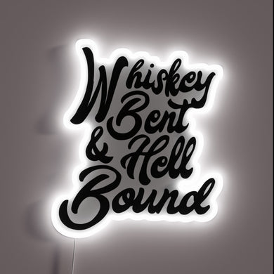 Rugged whiskey-inspired neon lighted bar decor, rustic country vibes assured.