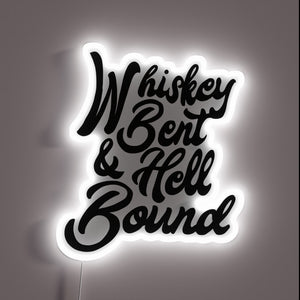 Rugged whiskey-inspired neon lighted bar decor, rustic country vibes assured.