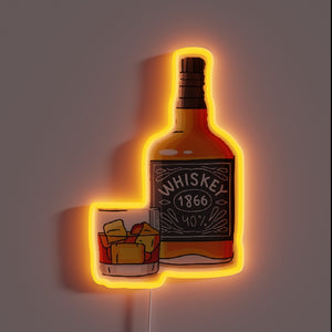 Alt text: Neon sign of a whiskey bottle labeled 