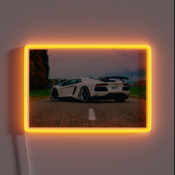 Eye-catching white Lamborghini neon sign with vibrant RGB color accents.