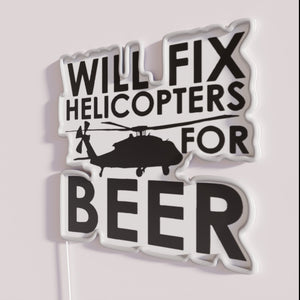 Unique Beer-Inspired Helicopter Repair Shop Sign with Colorful Neon Lights