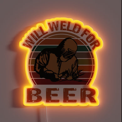 Alt text: Neon sign of a welder with the phrase 