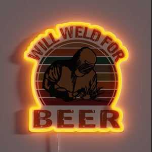 Alt text: Neon sign of a welder with the phrase 