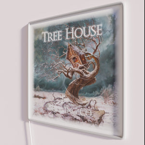Cozy winter cabin ambiance with colorful RGB LED neon glow