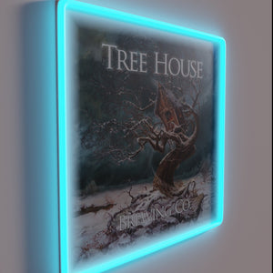 Cozy winter cabin ambiance in vibrant RGB neon glow lighting