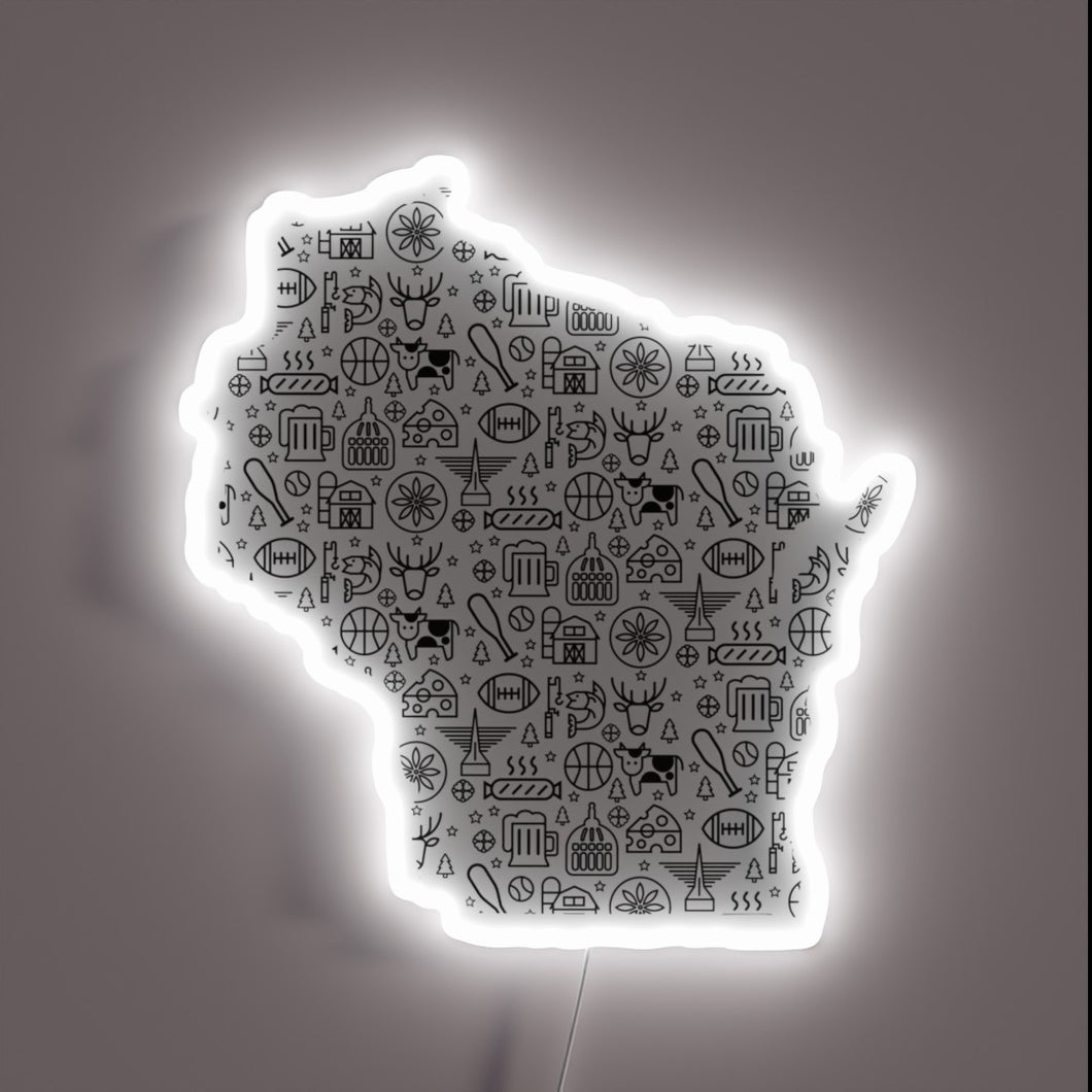 Vintage Wisconsin patterned design in glowing RGB neon illumination