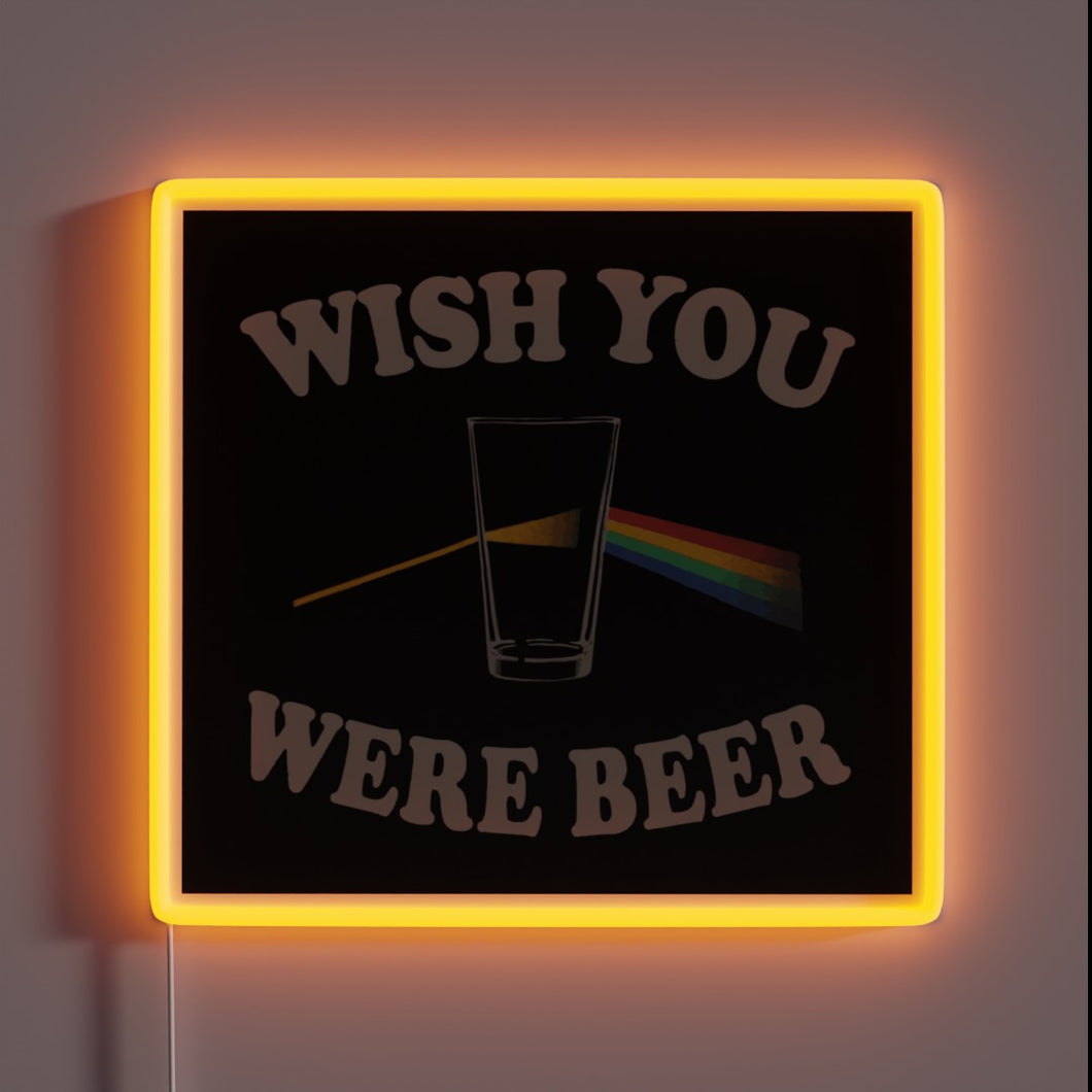 Whimsical bar decor with glowing 'Wish You Were Beer' LED.