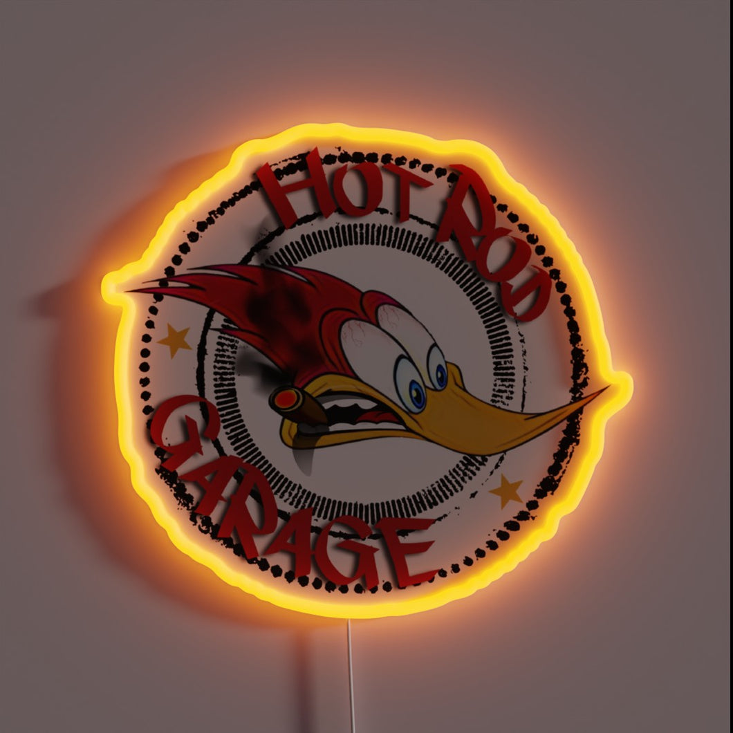 Woodpecker hot rod garage neon sign.