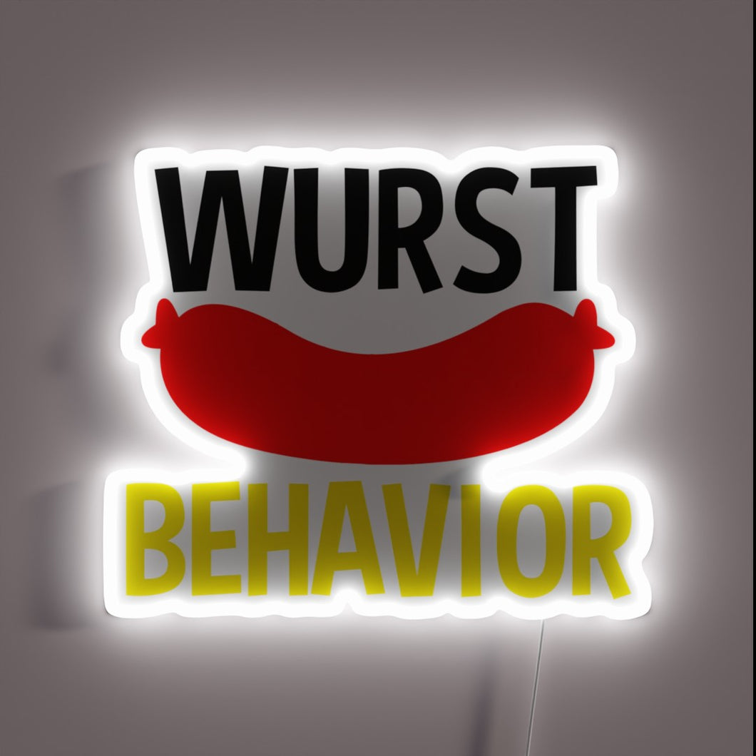 Neon Sign Reads 'Wurst Behavior' in Colorful German-Inspired Font Style