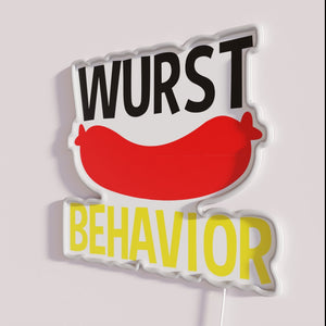 Brightly colored neon German food theme decor with funny accents.