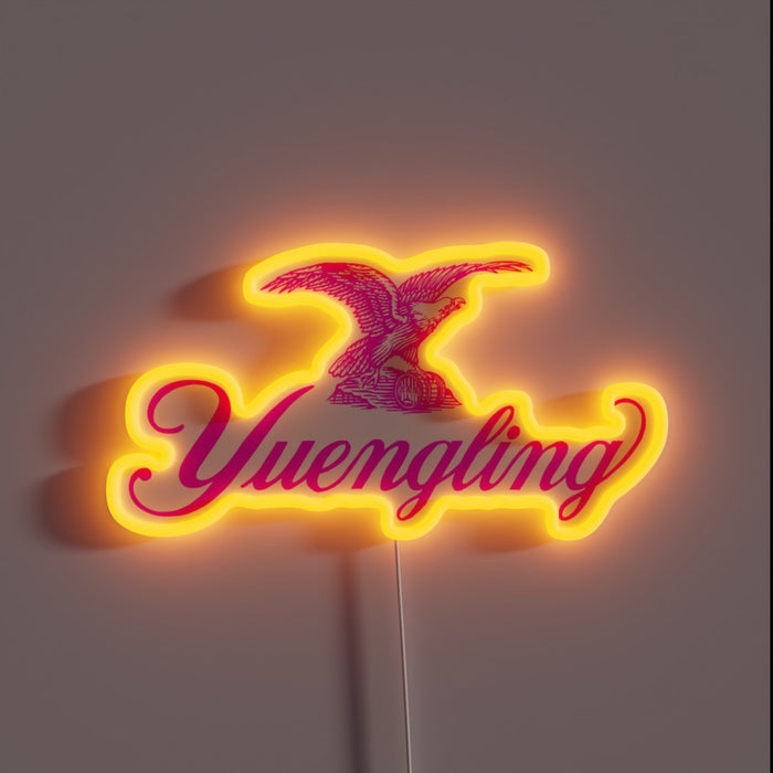 Vibrant Pink Neon Sign Featuring Yuengling's Iconic Brewery Logo Illuminated