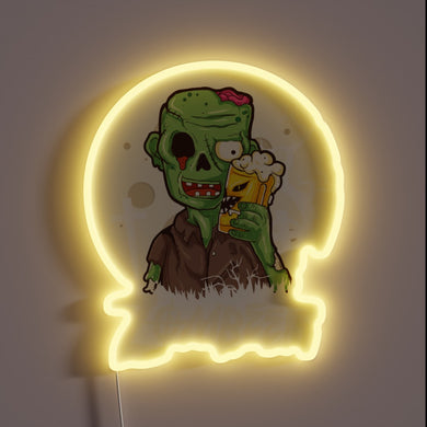 Neon brewer sign featuring undead hops in eerie Halloween glow.