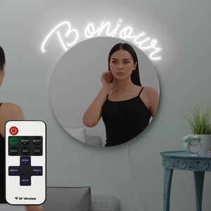 custom "bonjour" mirror sign with led around it