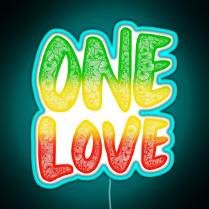 One love reggae art Bob Marley zentangle art Rasta art RGB neon sign lightblue 