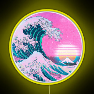 Vaporwave Great Wave Off Kanagawa Aesthetic Retro Sunset RGB neon sign yellow